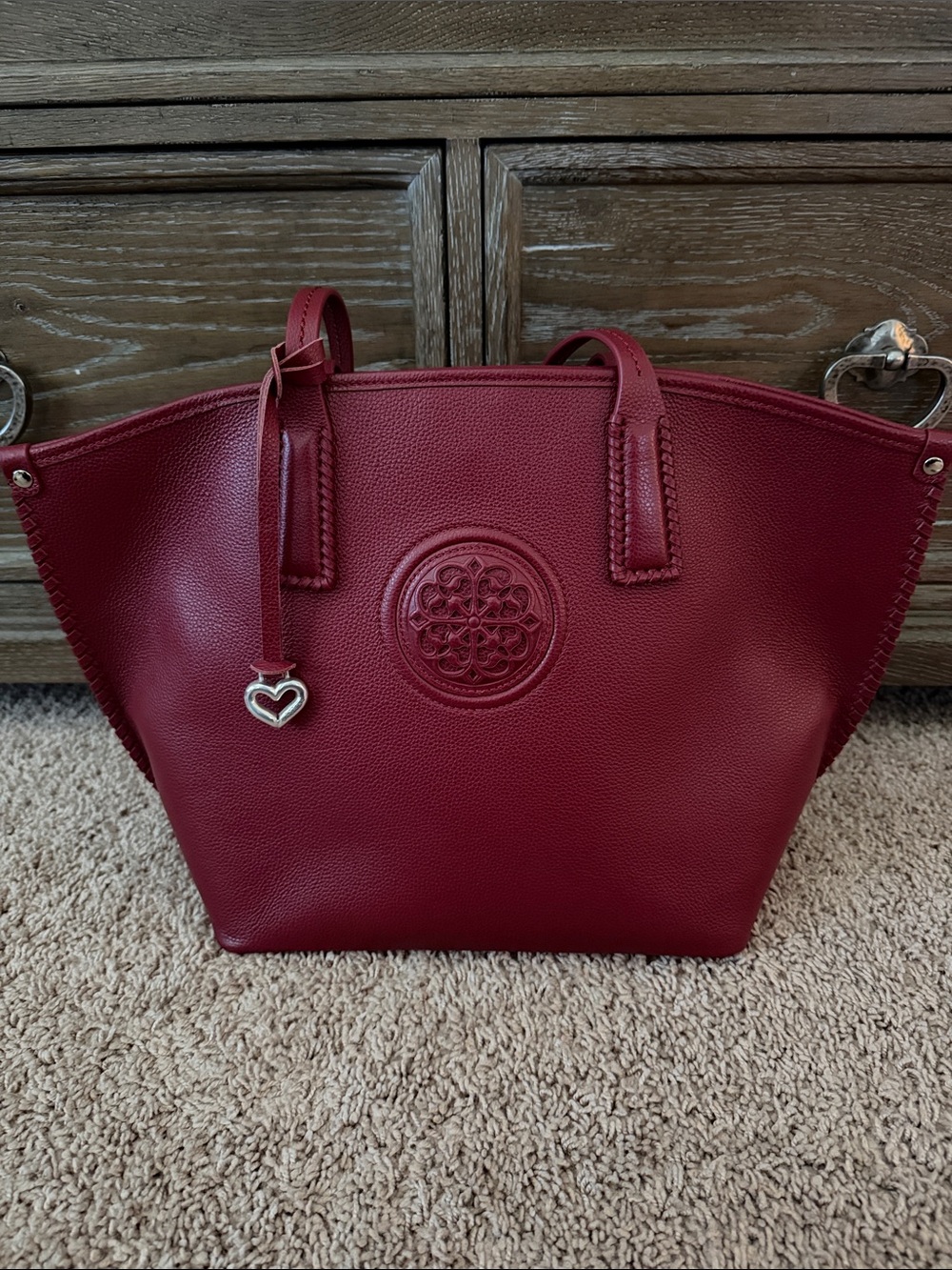 Brighton Red-Burgundy Pebbled Tote with Heart Charm